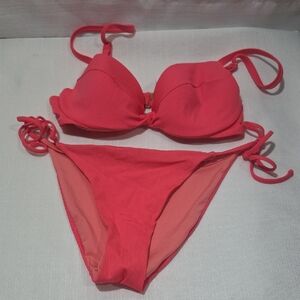 Victoria's Secret Coral Pink Ribbed Push-Up Bikini 32C Small Bottoms Cheeky